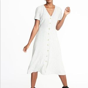 Linen blend V neck button down dress